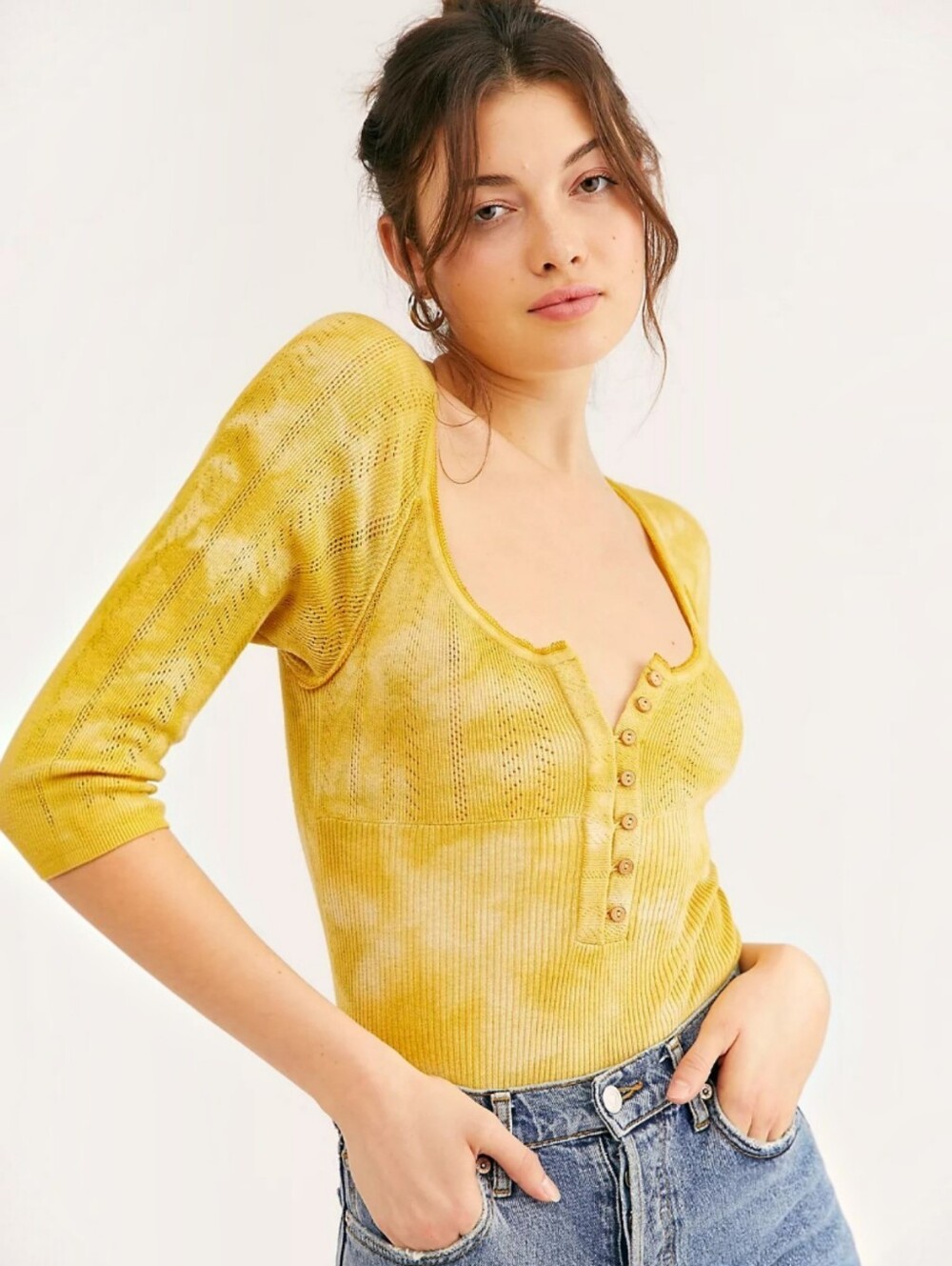 Free People Rory Henley Top Butter Up Yellow, M Boho Tie Dye